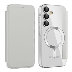 Luxury Flip Leather Card Clip Magnetic Phone Case for Samsung S26 S25 Edge S24 S23 Ultra S22 Plus A55 A35 Clear Wallet Cover