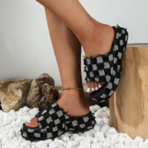 WomenS Summer New Wedge Heel Thick-Soled Beach Plaid Denim Slippers Plus Size