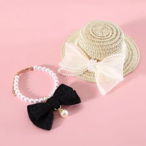 GORGE Diamond Dog Necklace Jewelry Bow Tie Pendant Princess Style Cat Puppy Collar Cute Pearl Pet Bow Necklace For Small Dog Puppy Cat