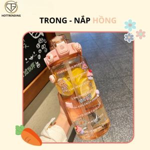 Bình nước 2 lít tặng Sticker 2D 3D dành cho người lười uống nước bình nước cute 2L có ống hút vạch chia nhắc giờ