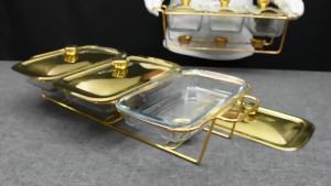 Golden Rectangular Three-Grid Glass Dining Stove Ho Restaurant Food Heating Container Buffet  Pot