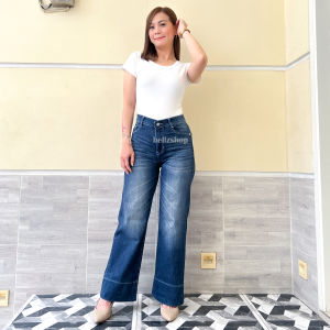 Bellzshop - Celana Jeans Kulot Highwaist Wanita Stretch Wide Leg Premium Nayla