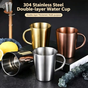 304 Stainless Steel Coffee Cup Beer Mug Double Anti-scalding Metal Tea Cup Milk Cup with Handle
