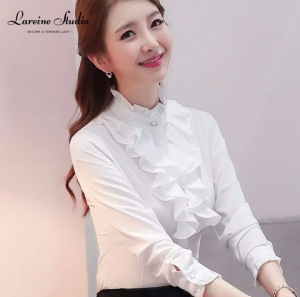 LAREINE Áo cho phụ nữ ôm vừa cổ áo nhún bèo Áo thun tay dài phong cách Hàn Quốc trang phục công sở cho phụ nữ