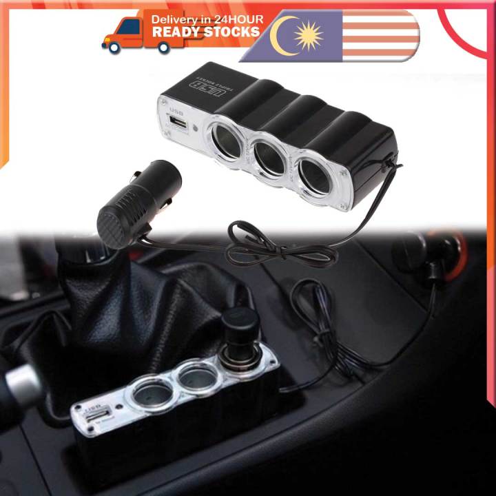 1 to 3 Auto DC 12V Car Lighter Socket Adapter Splitter Hub with USB