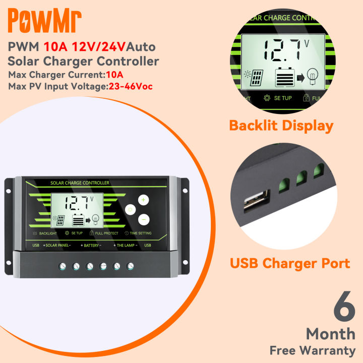 PowMr 10A PWM Solar Charge Controller 12V 24V Auto Battery Charger ...
