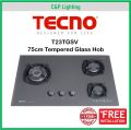 Tecno 75cm (New Color) 3 Burner Schott Glass Cooker Hob Gas Stove with Inferno Wok Burner Technology T23TGSV. 