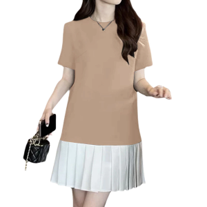 Womens Korean Slim Fit Temperament O-Neck Short Sleeve Pleated Skirt Contrast Color Dresses L7006