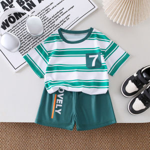 AILEBE Kids Sets Striped Short Sleeve Top Shorts Set Lightweight Breathable Summer Wear Loose Comfy Fit With Chest Pocket Soft Skin-Friendly Fine Stitching Pambahay OOTD For Baby Boys 0-4 Years