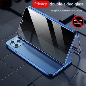 360° double side privacy tempered glass metal magnet phone case for 13 12 mini 11 pro Max full protection transparent magnetic hard casing back cover 360° double side privac