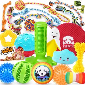 KIPRITII 25 Pack Various Dog Toys Set – Ideal for Teething Entertainment & Interactive Play Includes Puppy Toys Rope Toys Treat Balls and Squeaky Dog Toys