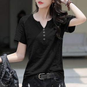Plus Size Cotton Blouse For Women T-shirt Short-sleeved Loose Button V-neck Top Womens Korean Casual Shirt