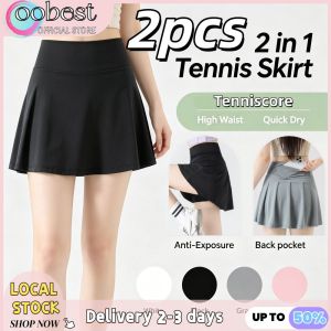 oobest 【Delivery 2-3 days】2pcs 2 in 1 Tennis Skirt Tenniscore High Waist Anti-Exposure Quick Dry Sports Running Skorts Women