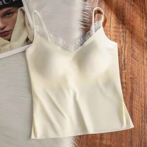 Maniyun Ice Silk Lace Sling Camisole V Neck Adjustable Strap Fixed Cup Women Singlet Top