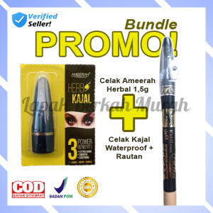 Paket Promo Celak Mata Arab Kajal Pensil Waterproof + Celak Kajal Herbal Ameerah 15g Eyeliner Santri Tahan Lama Halal