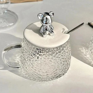 Coffee Mug Heat Resistant Glass Cartoon Cute Bear Cup with Cover and Spoon