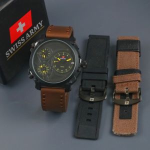 Paket Box Exclusive + Free 2 Tali / Jam Tangan SA 3 Timer VA-945DA / Jam Tangan Fashion Pria Tali Kulit Diameter 48cm