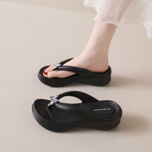 Flip-flops with Toe Clippings Womens Summer Wears New Internet Celebrities Super Hot Beaches Rhinestones Bows Thick-soled Sandals