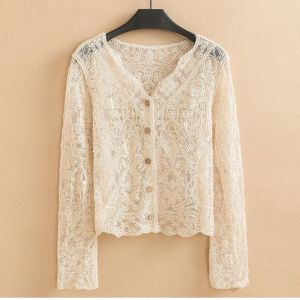 DENGXUN Long Sleeve Crochet Top V-Neck Button Down Lace Blouse Korean Style See Through Embroidery Blouse for Spring Summer Autumn