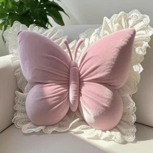 BERMA BABY Butterfly Throw Pillow Pink Velvet Bow Ribbon Lace Plush Decorative Soft Support Sofa Bed