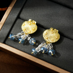 Fashionable Ring Gift 复古度假风海边贝壳串珠流苏蓝色耳钉女款耳环 新款高级感耳饰
