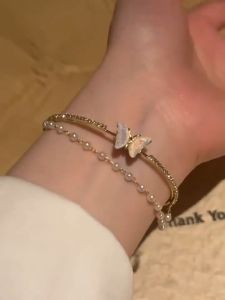 Gelang Rama-Rama Double Layer Butterfly Pearl Bracelet Elegant Vintage Jewelry Adjustable Open Cuff