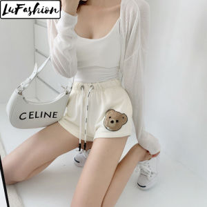 Summer Bear Embroidery Cotton Short Pants Women Casual Loose High Waist Wide Leg Shorts Hot Pants