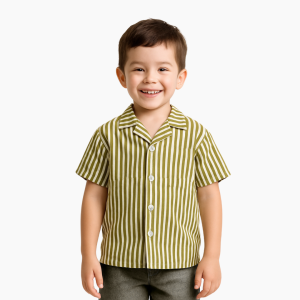 Bronkis Junior Kemeja Anak Laki Laki  Lengan Pendek Premium Rayon Fullprint Warna  Putih Gold Motif Stripe Salur