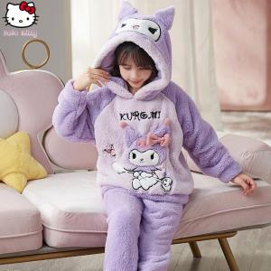 Christmas gifts Halloween Kawaii Hello Kitty Sanrio Children Kuromi Warm Home Clothes Cartoon Anime Cinnamoroll Autumn Winter Fashion Thick Sleepwear Set