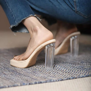 Huilm Ladies High Heels 7cm: Summer All-Match Transparent Crystal Thick Heels & Sandals