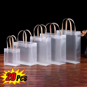20Pcs Frosted PVC Tote Bag Clear Gift Bags with Handles Transparent Shopping Tote Bag Plastic Transparent Gift Bags Portable Flower Packaging Bag for Wedding Shopping School Birthday Party Supplies