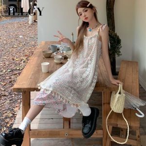IELGY Retro tassel stitching sweet dress for women summer new slim suspenders sleeveless mid-length dress
