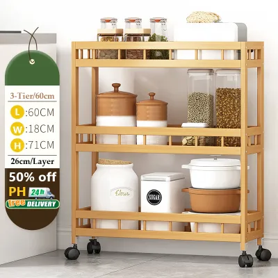 Kitchen Rack with Wheels Bamboo Kitchenware Organizer Rack Moving Kitchen Shelf Removable Wood Trolley Island Cart