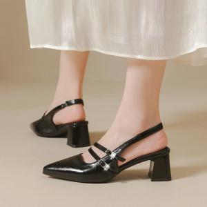 Free Shipping WomenS Chunky-Heeled Pointed-Toe Open-Back Single Shoes 2026 Summer New Style Elegant One-Strap Mid-Heel Closed-Toe Sandals for Women