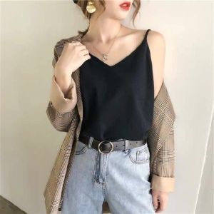 🍒Cherry🍒 818 พร้อมส่งทุกสี!!! เสื้อยืดคอวีแขนกุดผ้าถักสำหรับผู้หญิงสไตล์เกาหลี