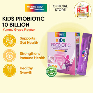 Holistic Way Bio-Elixir Kids Probiotic 10 Billion – Stronger Immunity Better Digestion Gut & Colon Health | Healthy Growth with Probiotics + Prebiotics — Vegetarian | Grape Flavour (15 Powder Sachets x 2g per box)