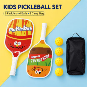 Kids Pickleball Paddle Wood Non Slip Grip Cartoon Design Outdoor Play 2 Rackets 4 Balls Beginners