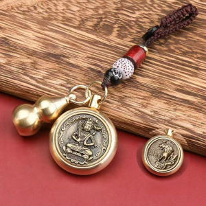Brass Gourd Keychain Rotatable Chinese Zodiac Keychain Feng Shui Charm Pendant 12 Zodiac Animals Key Ring Car Hanging Accessory Traditional Gift Ornament Decor