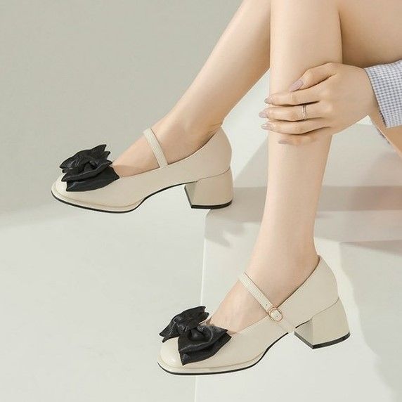 Giày cao gót mã LCC88 đế vuông gắn nơ 3 màu đen kem trắng tiểu thư sang trọng