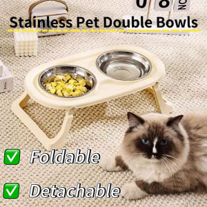 Detatchable Stainless Pet Bowl Foldable High-Foot Double Bowl Cat Feeder Protect Cervical Spine