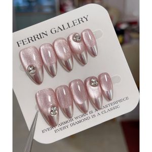 100% HANDMADE Artificial Nail Almond Shape Dusty Pink Cats eye Embellished with Diamonds Phototpy Press on Nails Reusable and Removable Nails with Toolkit
