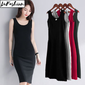 LuFashion Dress Casual Korean Style Dress Women Solid Color Vest Dress