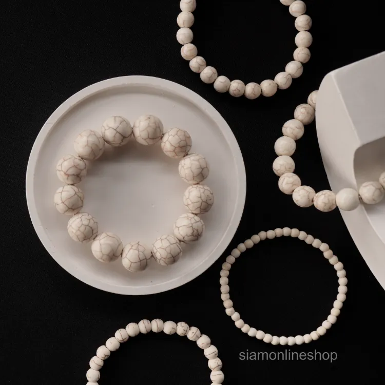 WHITE TURQUOISE หินเทอร์ควอยส์ สีขาว เลือกขนาดเม็ดหินได้ (4-14 มม.) สร้อยข้อมือหินแท้