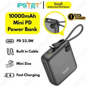 BUDI 10000 mAH PD 22.5W Compact Mini Power Bank Built-in Cable