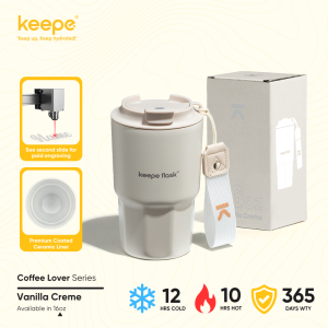 [p49 Name Engraving] Keepe Flask Premium Coffee Tumbler CERAMIC LINER "Vanila Creme" Stylish Stainless Steel Insulated Hot and Cold Coffee Mug with Spout Lid & Strap16oz/450ml