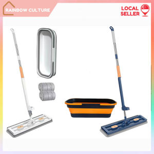 Hands-Free Flat Mop with Foldable Bucket Set/42cm Wide Mop Head/No Installation Needed/RainbowCulture