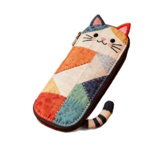 HOUCHU Japanese Style Cat Pencil Case Cloth Patchwork Stationery Storage Bag Fashion Color Block Cartoon Pen Bag Students Gift
