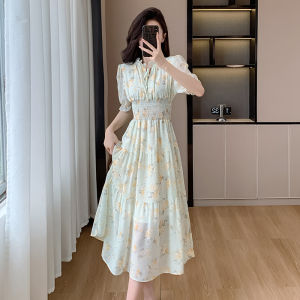 Impression Fashion Store Women Elegant Chiffon Flare Collar Short Puff Sleeve Floral High Waist Slim A-line Midi Pleated Dress