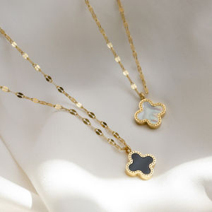 BESFOME Vòng Cổ Cỏ Bốn Lá Zircon Vòng Cổ Mạ Vàng Mặt Dây Chuyền Vỏ Sò Hai Mặt Dây Chuyền Bằng Thép Không Gỉ