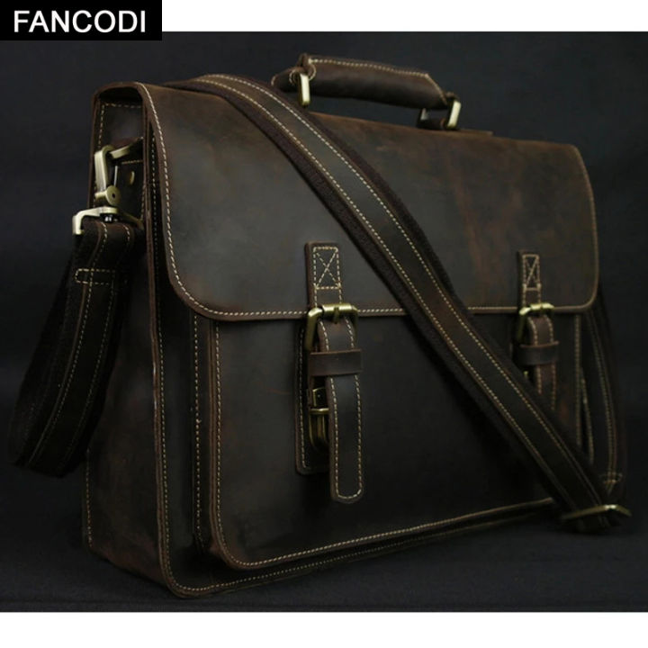 FANCODI Vintage Crazy Horse Leather Men Briefcase Laptop Bag 14